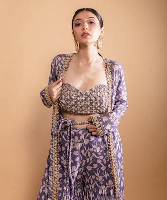 Purple printed sharara and jacket set 3