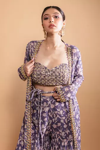 Purple printed sharara and jacket set