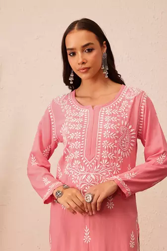 Hand Embroidered Peach Rayon Lucknowi Chikankari Indian Women Straight Kurta
