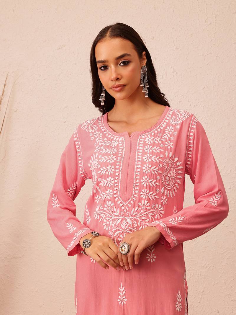 Hand Embroidered Peach Rayon Lucknowi Chikankari Indian Women Straight Kurta