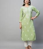 Hand Embroidered Pista Green Rayon Lucknowi Chikankari Indian Women Straight Kurta