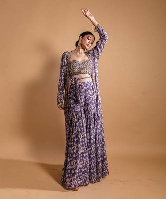 Purple printed sharara and jacket set 4