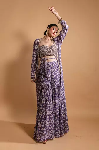 Purple printed sharara and jacket set