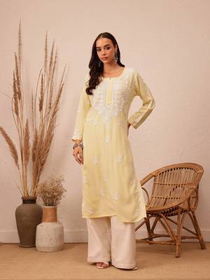 Hand Embroidered Champagne Yellow Rayon Lucknowi Chikankari Indian Women Straight Kurta 1
