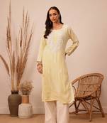Hand Embroidered Champagne Yellow Rayon Lucknowi Chikankari Indian Women Straight Kurta