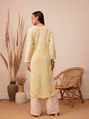 Hand Embroidered Champagne Yellow Rayon Lucknowi Chikankari Indian Women Straight Kurta 2