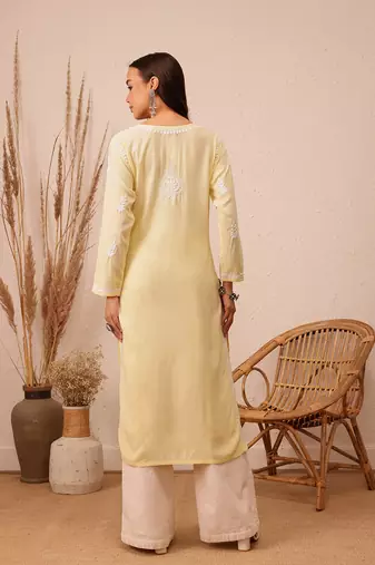 Hand Embroidered Champagne Yellow Rayon Lucknowi Chikankari Indian Women Straight Kurta