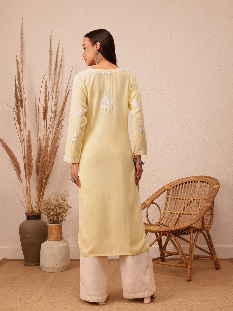 Hand Embroidered Champagne Yellow Rayon Lucknowi Chikankari Indian Women Straight Kurta