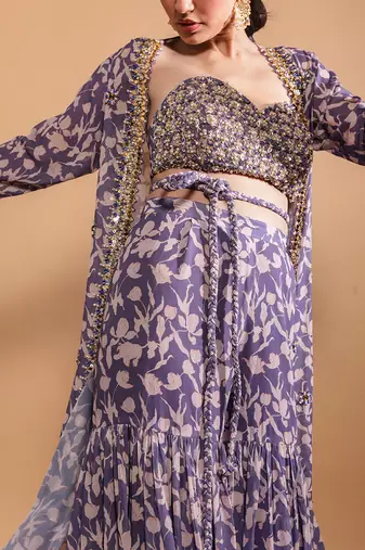 Purple printed sharara and jacket set