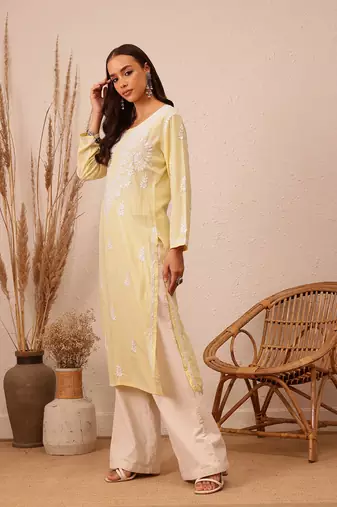 Hand Embroidered Champagne Yellow Rayon Lucknowi Chikankari Indian Women Straight Kurta