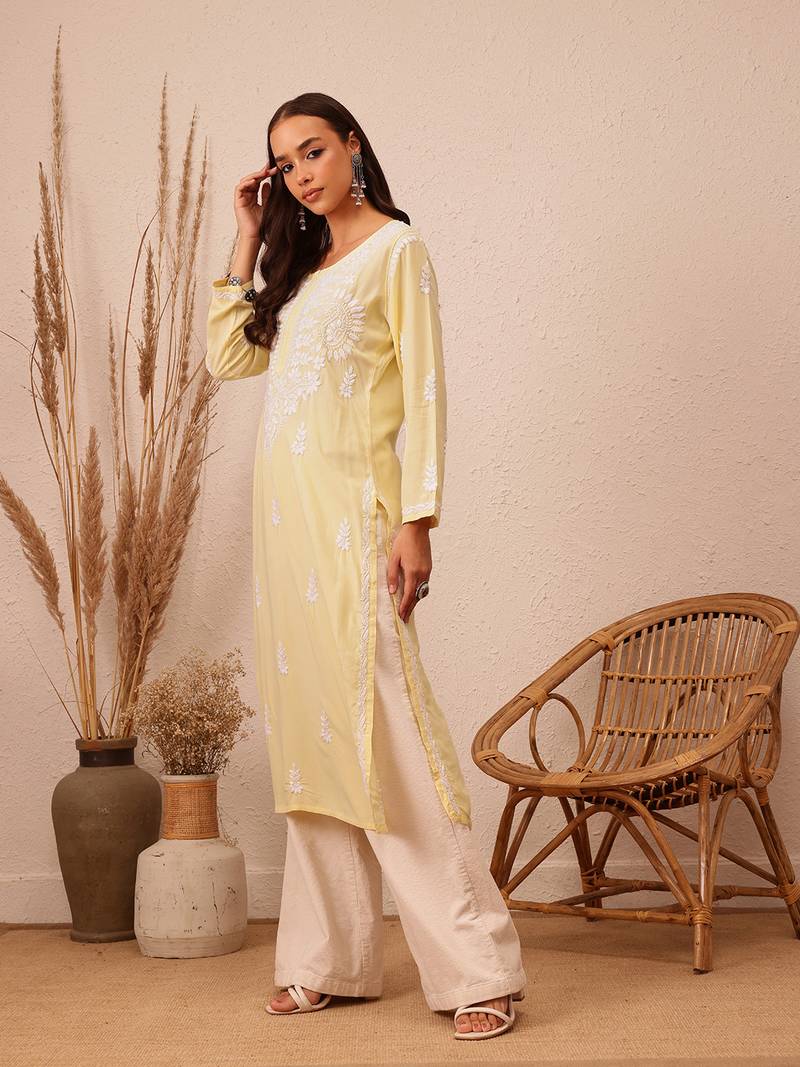 Hand Embroidered Champagne Yellow Rayon Lucknowi Chikankari Indian Women Straight Kurta
