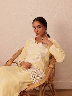 Hand Embroidered Champagne Yellow Rayon Lucknowi Chikankari Indian Women Straight Kurta 4