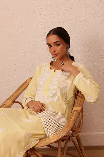 Hand Embroidered Champagne Yellow Rayon Lucknowi Chikankari Indian Women Straight Kurta