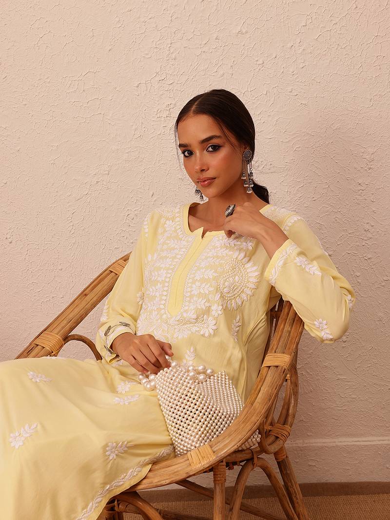 Hand Embroidered Champagne Yellow Rayon Lucknowi Chikankari Indian Women Straight Kurta