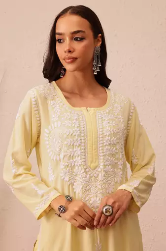 Hand Embroidered Champagne Yellow Rayon Lucknowi Chikankari Indian Women Straight Kurta