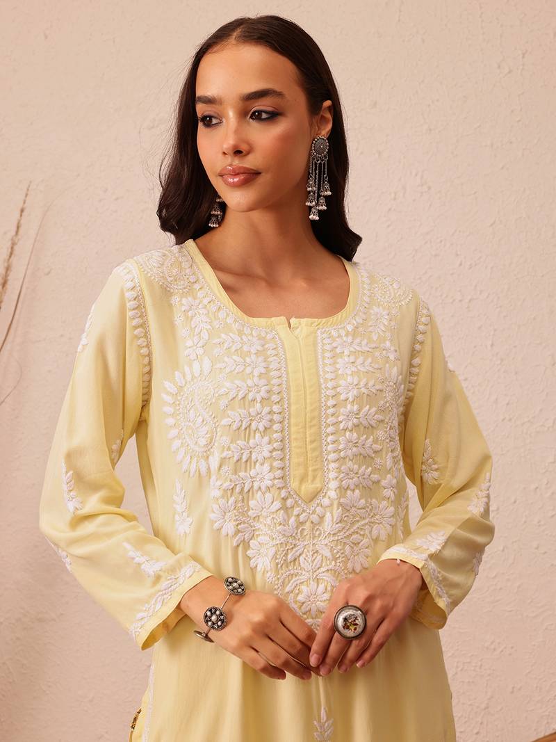 Hand Embroidered Champagne Yellow Rayon Lucknowi Chikankari Indian Women Straight Kurta