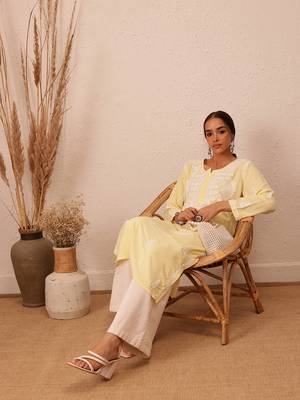 Hand Embroidered Champagne Yellow Rayon Lucknowi Chikankari Indian Women Straight Kurta 6