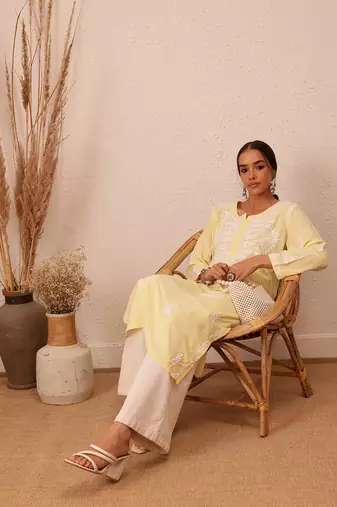 Hand Embroidered Champagne Yellow Rayon Lucknowi Chikankari Indian Women Straight Kurta