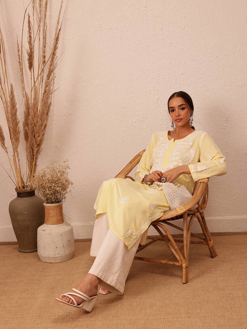 Hand Embroidered Champagne Yellow Rayon Lucknowi Chikankari Indian Women Straight Kurta