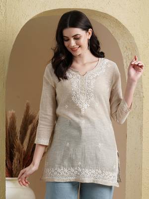 Hand Embroidered Fawn Khadi Cotton Lucknowi Chikankari Indian Women Short Kurti 1