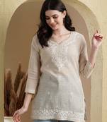 Hand Embroidered Fawn Khadi Cotton Lucknowi Chikankari Indian Women Short Kurti