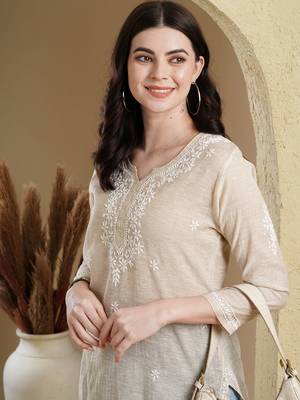Hand Embroidered Fawn Khadi Cotton Lucknowi Chikankari Indian Women Short Kurti 2