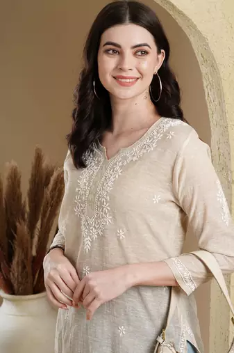 Hand Embroidered Fawn Khadi Cotton Lucknowi Chikankari Indian Women Short Kurti