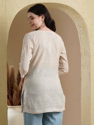 Hand Embroidered Fawn Khadi Cotton Lucknowi Chikankari Indian Women Short Kurti 3