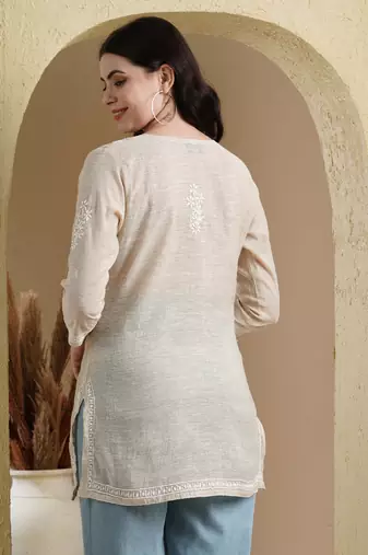 Hand Embroidered Fawn Khadi Cotton Lucknowi Chikankari Indian Women Short Kurti