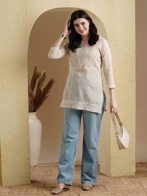Hand Embroidered Fawn Khadi Cotton Lucknowi Chikankari Indian Women Short Kurti 4
