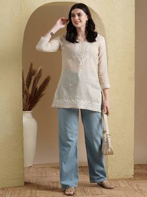 Hand Embroidered Fawn Khadi Cotton Lucknowi Chikankari Indian Women Short Kurti 5