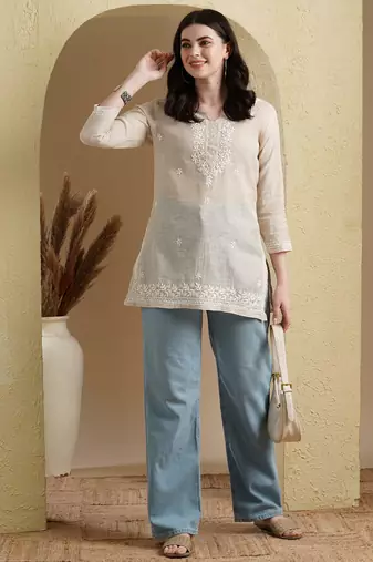 Hand Embroidered Fawn Khadi Cotton Lucknowi Chikankari Indian Women Short Kurti