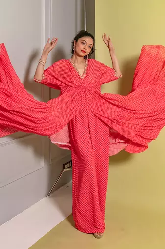 Pink printed layered kaftan set