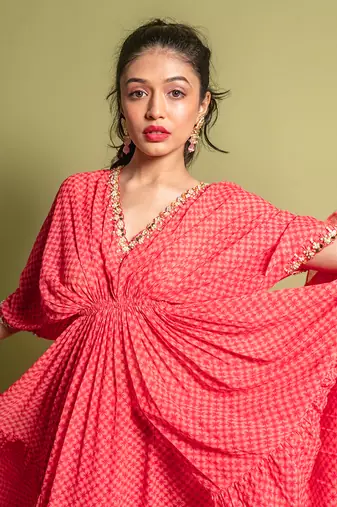 Pink printed layered kaftan set