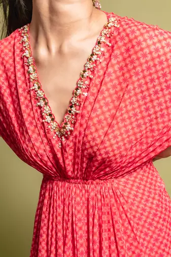 Pink printed layered kaftan set