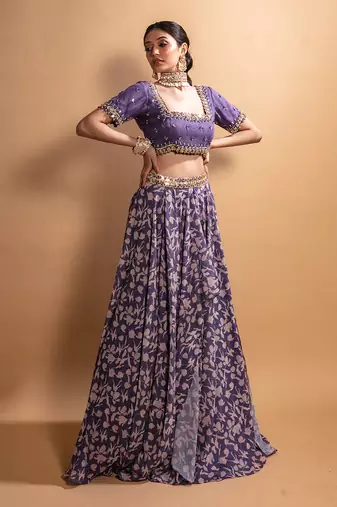 Purple Printed Lehenga Set