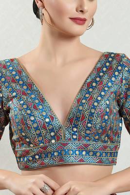 Stunning Blue Silk Mirror Work V-Neck Blouse 1