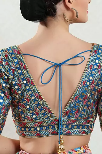 Stunning Blue Silk Mirror Work V-Neck Blouse