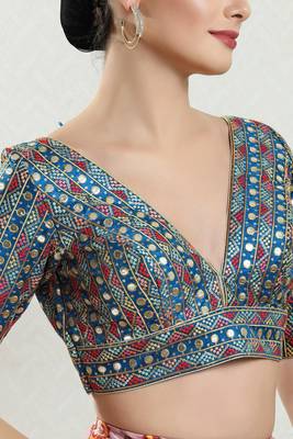 Stunning Blue Silk Mirror Work V-Neck Blouse 3