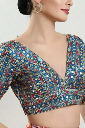 Stunning Blue Silk Mirror Work V-Neck Blouse