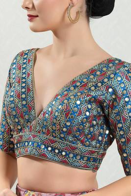 Stunning Blue Silk Mirror Work V-Neck Blouse 4