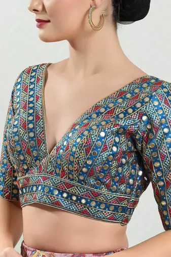 Stunning Blue Silk Mirror Work V-Neck Blouse