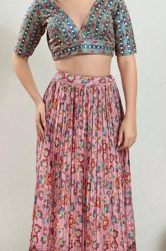 Stunning Blue Silk Mirror Work V-Neck Blouse