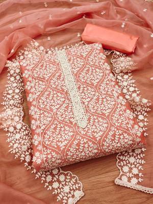 Peach georgette embroidery work salwar suit dress material 1