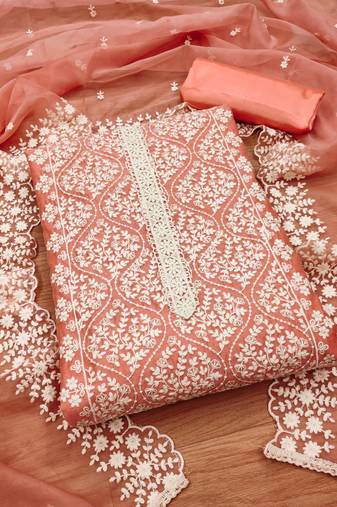 Peach georgette embroidery work salwar suit dress material