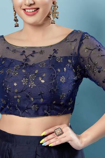 Navy Blue Net Floral Embroidered Readymade Blouse