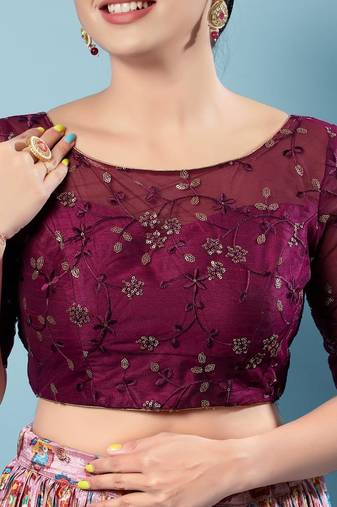 Elegant Wine Net Embroidered Blouse for Women
