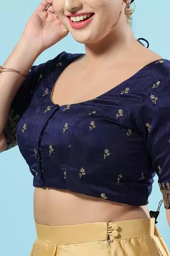 Navy Blue Silk Printed Readymade Blouse