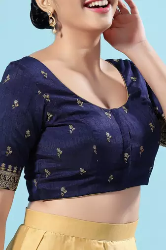 Navy Blue Silk Printed Readymade Blouse