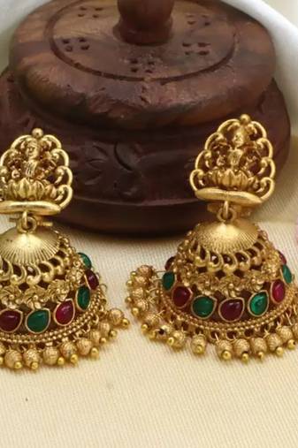 Designer Traditional Golden Cubic Zirconia & Pearl Gold Plated Jhumka Drop Earrings For Women Girls